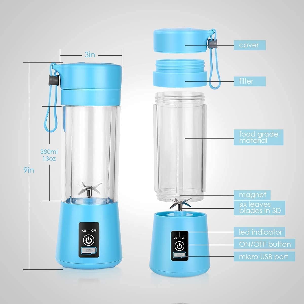 Mini 6-Blade Juicer Blender with Built-in Jar, Juice Mixer Bottle, Fruit Juice Machine, USB Rechargeable Personal Size Juicer Grinder for Juices, Kitchen Appliance for Milk Shakes (Multi Colour) (S3)