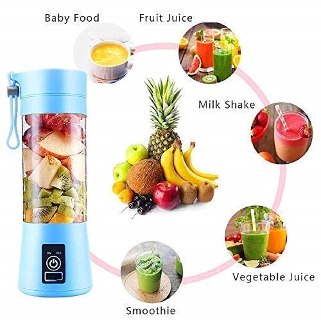 Mini 6-Blade Juicer Blender with Built-in Jar, Juice Mixer Bottle, Fruit Juice Machine, USB Rechargeable Personal Size Juicer Grinder for Juices, Kitchen Appliance for Milk Shakes (Multi Colour) (S3)